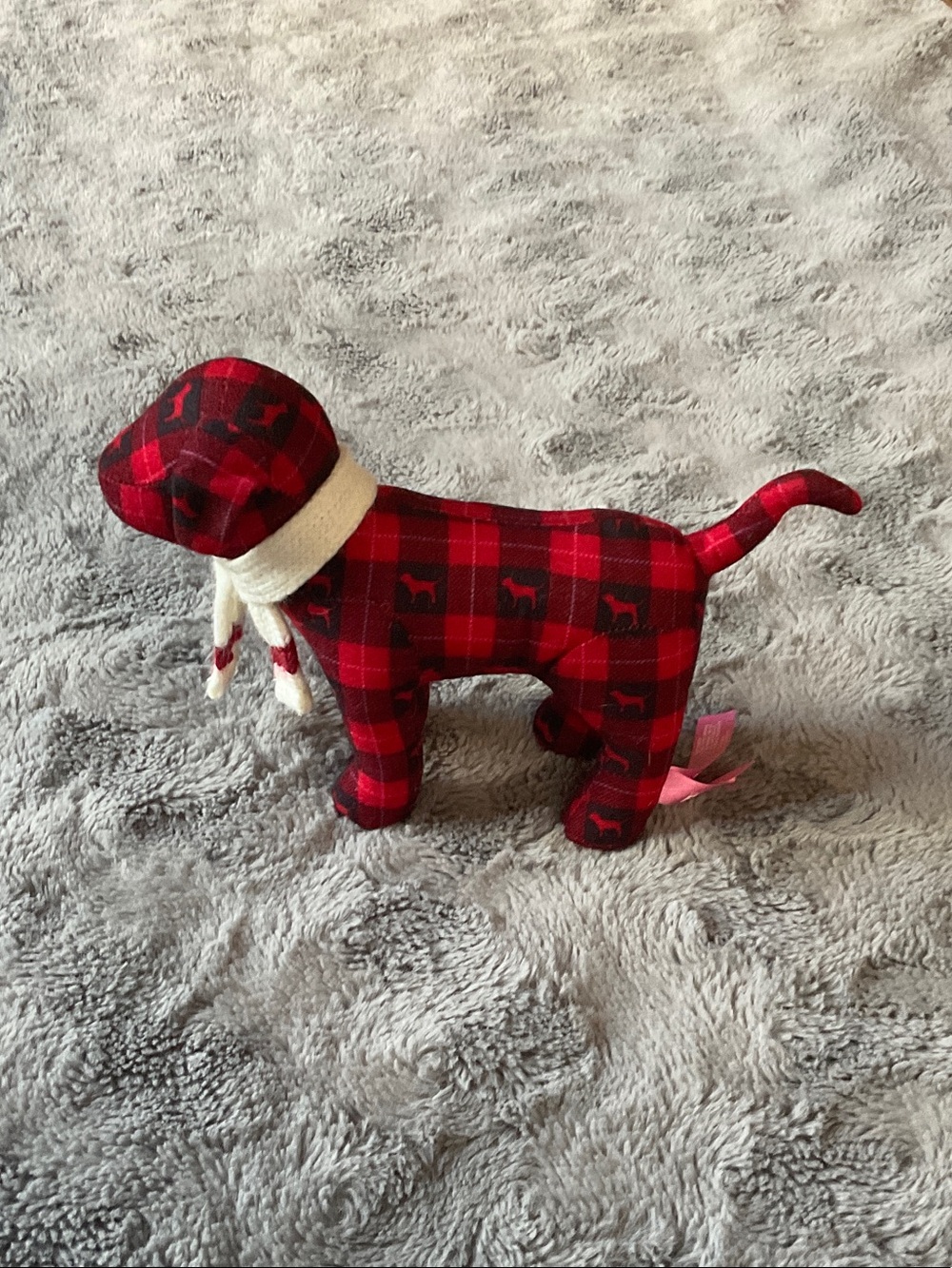 PINK Victoria's Secret Red Plaid Dog Plush with Cream Scarf